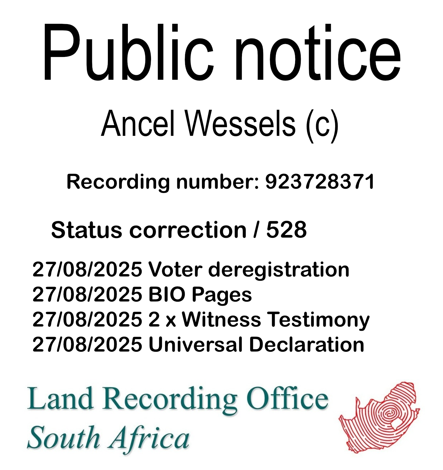 Public notice Ancel Wessels (c) Recording number 923728371